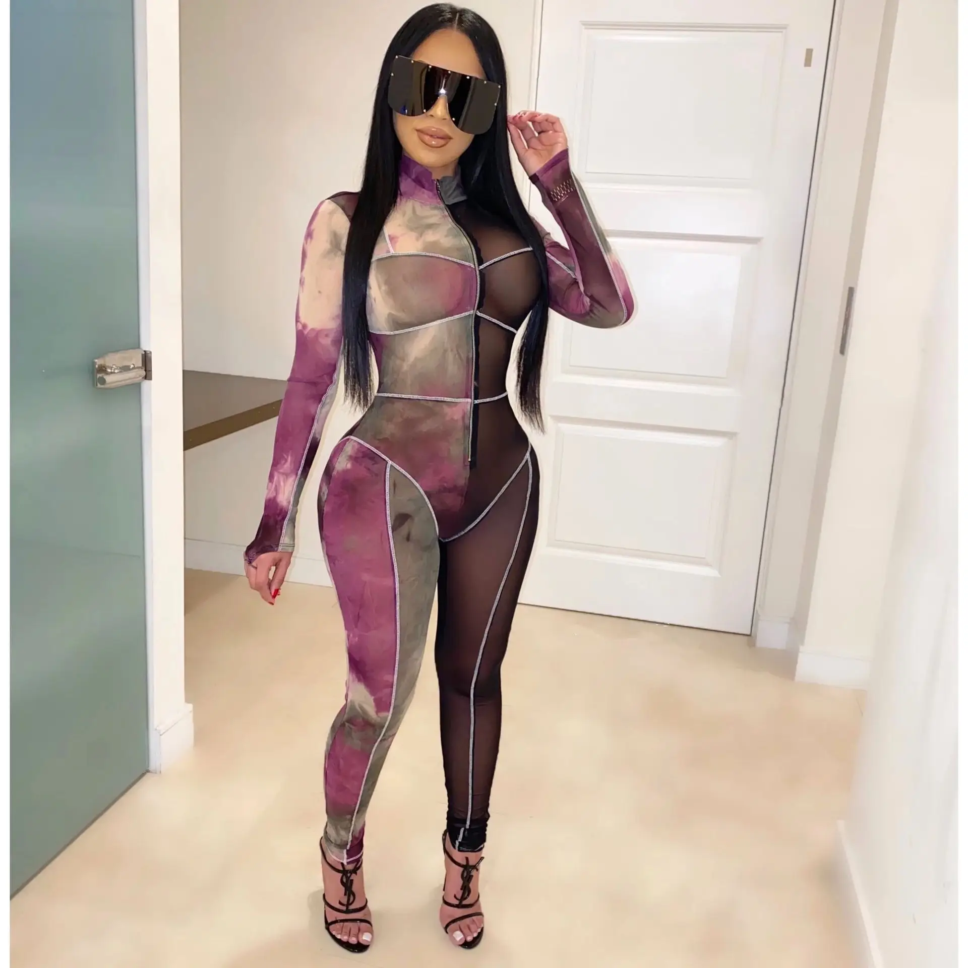 Adogirl Tie Dye Print Sheer Mesh Patchwork Bandage Jumpsuit Front Zipper Turtleneck Long Sleeve Skinny Romper Night Club Overall - Цвет: purple jumpsuit