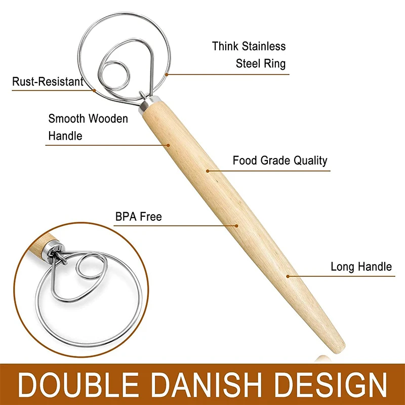 Pack of 2 Danish Dough Whisk Blender Dutch Bread Whisk Hook Wooden Hand  Mixer Sourdough Baking Tools for Cake Bread Pizza Pastry Biscuits Tool