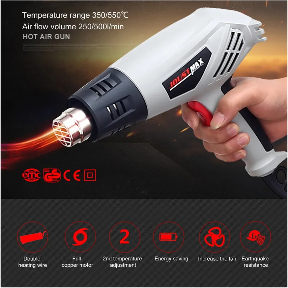 220V Heat Gun 2000W Variable 2 Temperatures Advanced Electric Hot Air Gun with Nozzle Attachments Power Tool EU