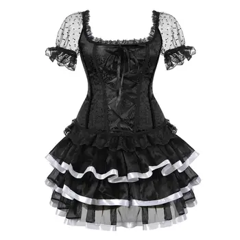 

Women Sexy Transparent Shoulder Sleeves Corset Dress Retro Renaissance Floral Lace Up Corset Lingerie Top Striped Mini Skirt Set