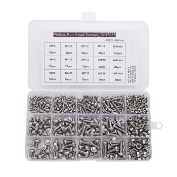 

480Pcs/set M3 M4 M5 DIN7985 GB818 304 Stainless SteelCross Recessed Pan Head Screws Phillips Screws Assortment Kit