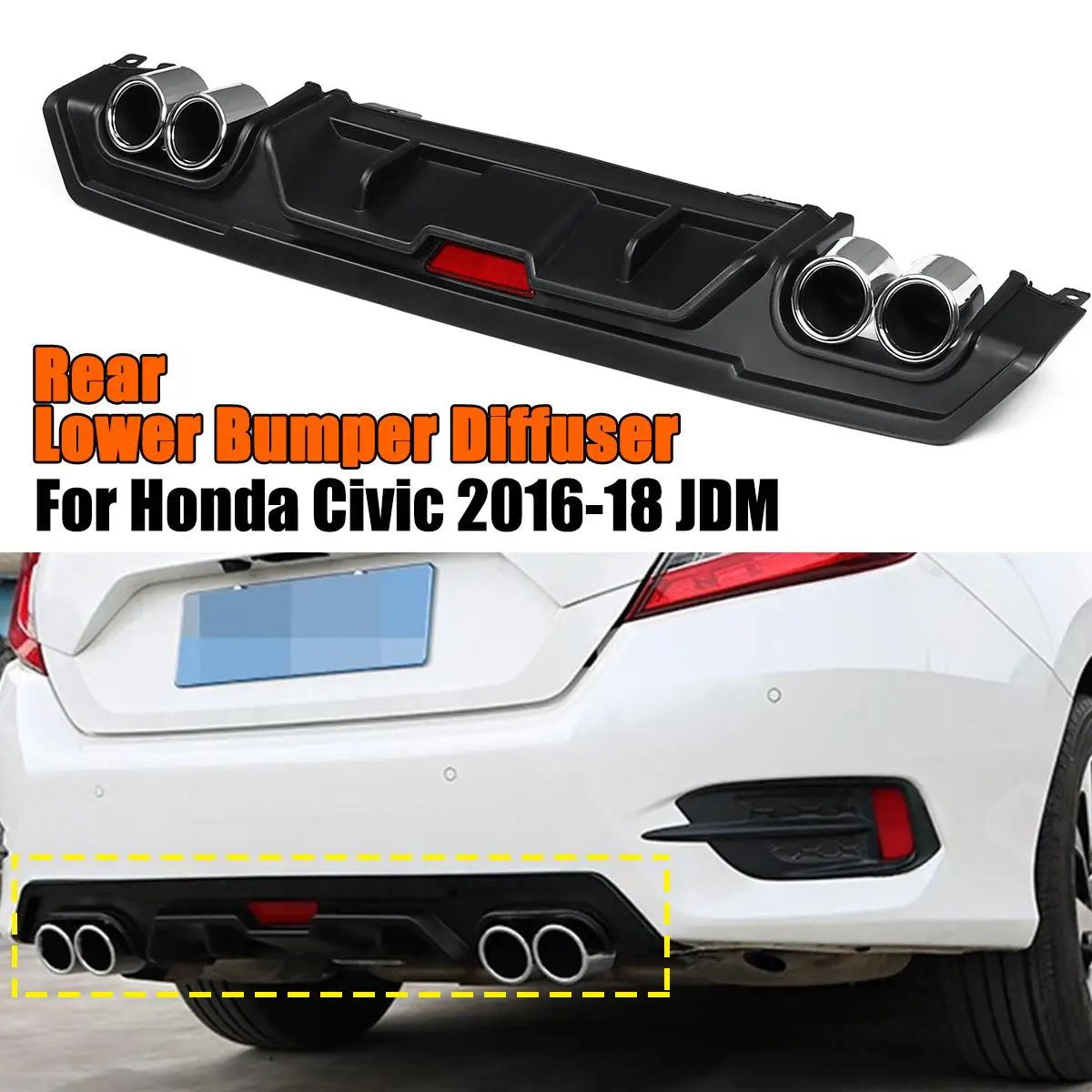 

Black Rear Lower Bumper Diffuser W/Dual Outlet Pipe Exhaust Tip Decor For Honda For Civic 10th Sedan 4 Door 2016-18-JDM