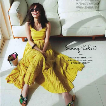 

Dress summer 2020 new Japanese pleated sleeveless loose dress was thin long red A word dress suspender yellow dress Fashion