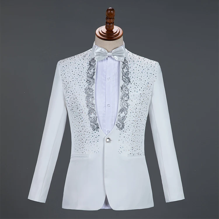 

Stage Chorus Men Dresses Red Sparkly Crystals Embroidery Blazers Suit Wedding Groom White Suits Singer Host 2-Piece Set Costume