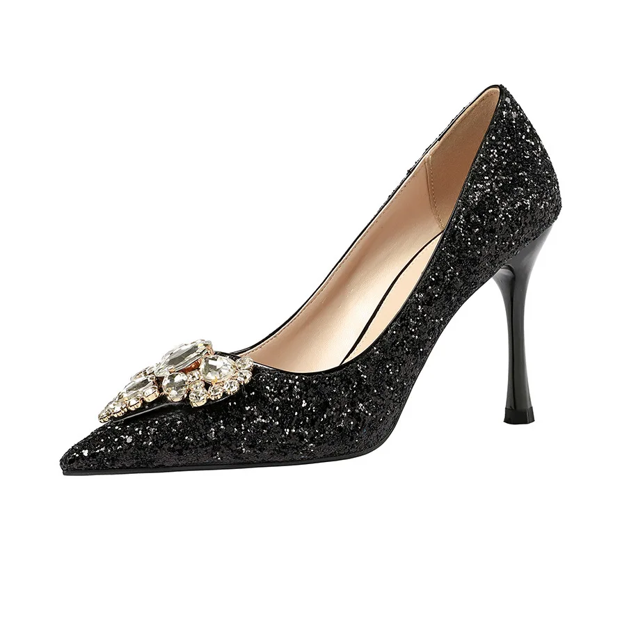 

QSR 9.5CM PUMPS 2020 Sexy pointed high heels rhinestone nightclub was thin sequins women's singles shoes banquet wedding shoes