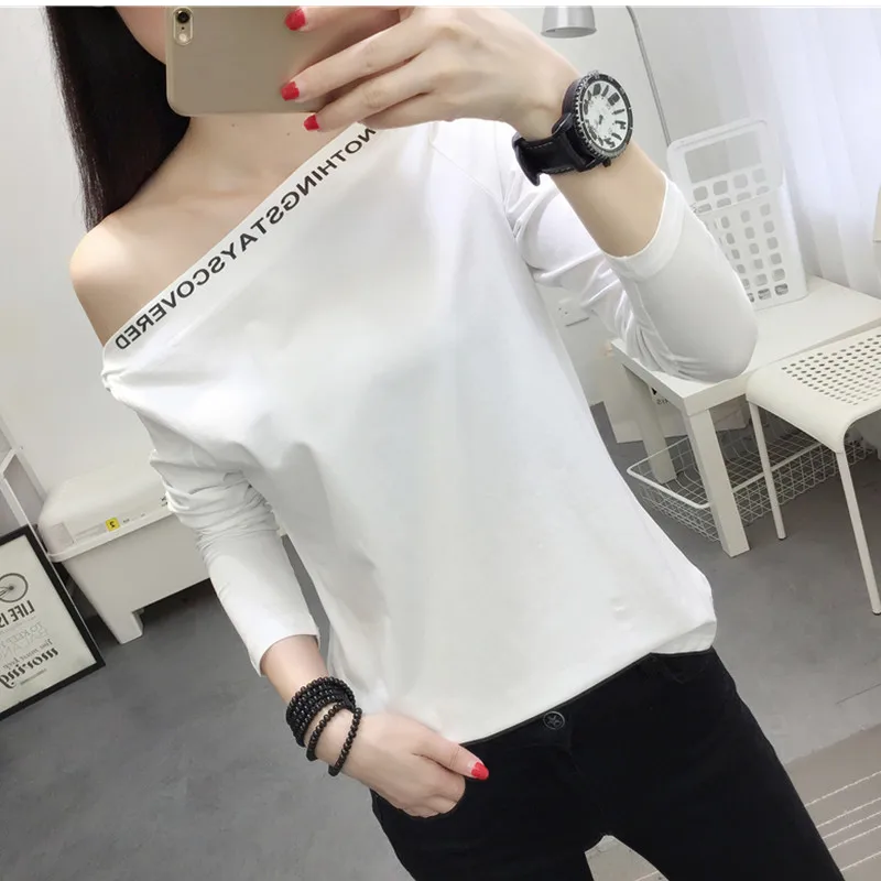 

New Fashion Off One Shoulder T Shirt Women Long Sleeve Autumn Slash Neck White Shirts Casual Pullover Women Tops C347
