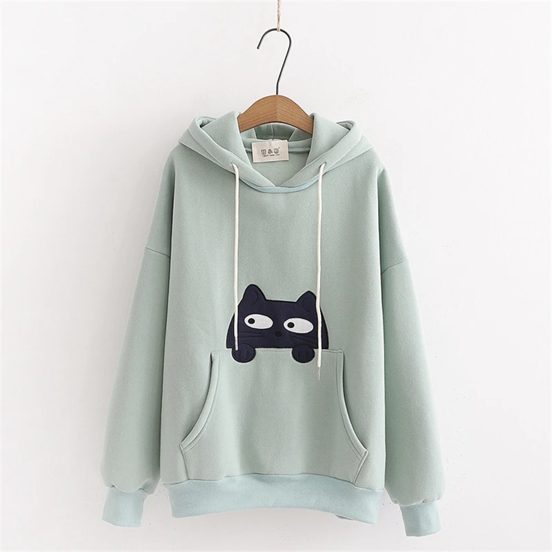 MERRY PRETTY женские Harajuku толстовки с капюшоном мультфильм кошка Вышивка толстовки зима плюс бархат пуловер Свободный спортивный костюм