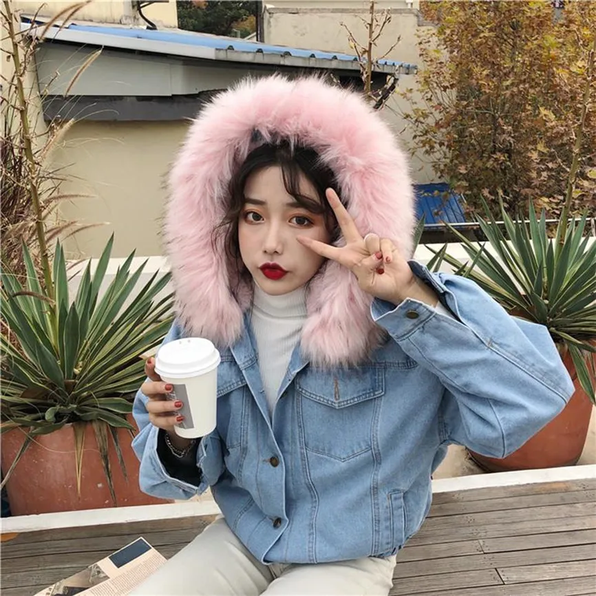 

Women's Denim Jacket Women's Windbreaker Warm Denim Short Coat Collar Jacket Slim Winter Women's Hooded Jackets Outwear Coats
