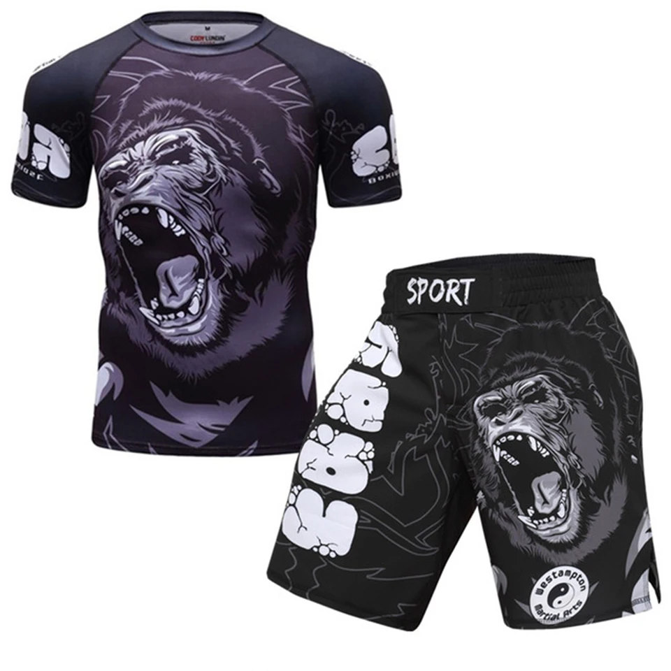 MMA Boxing T Shirt + Pants Men Jiu Jitsu Rash Guard Tracksuit Muay Thai Shorts Rashguard MMA Compression Kickboxing Jerseys Sets