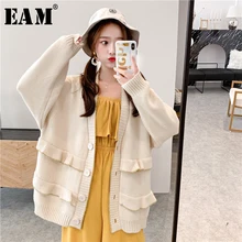 [EAM] Button Ruffles Spliced Big Size Knitting Sweater Loose Fit V-Neck Long Sleeve Women New Fashion Autumn Winter JZ108