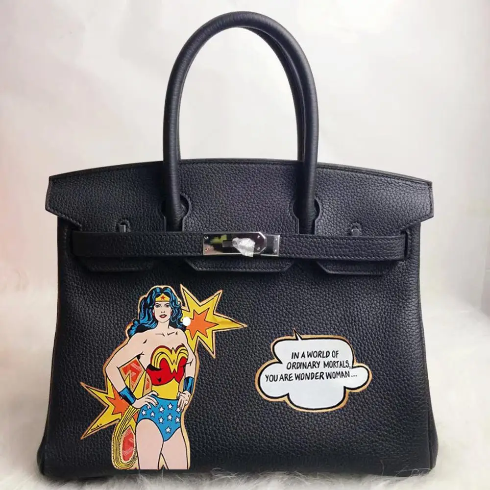 

2019 Handpainted Purses Custom Graffiti paintings Wonder Woman platinum bag Real Leather 35CM Gold Hardware