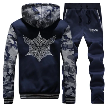 

Mens Thick Hoodie+Trousers Viking Legend Winter Brand 2 piece Sets Camouflage Zipper Jacket Warm Pants Male Sportswear Clothing