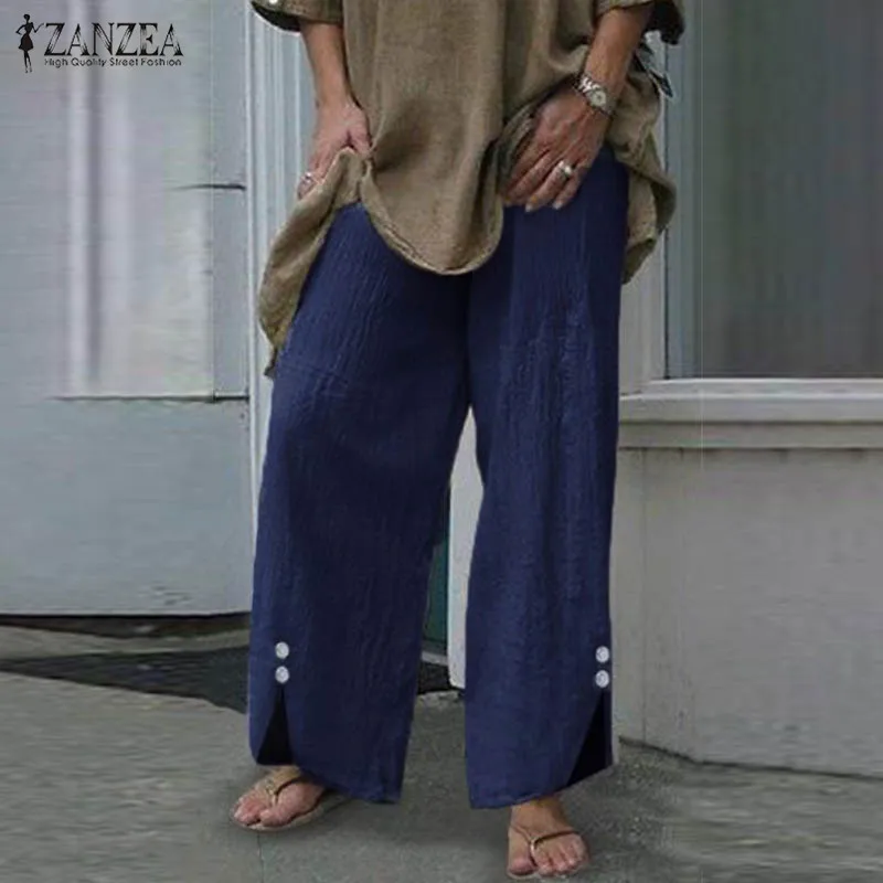 

ZANZEA Pants Women 2019 Autumn Vintage Botton Wide Leg Pants Pantalon Femme Streetwear Long Trousers Plus Size Casual Work Pant