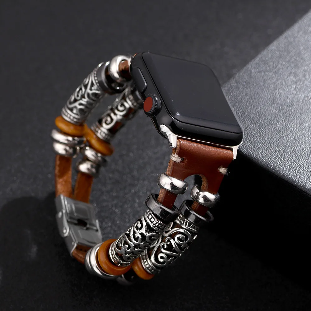 Винтажный Браслет из искусственной кожи с тиснением и орнаментом для Apple Watch