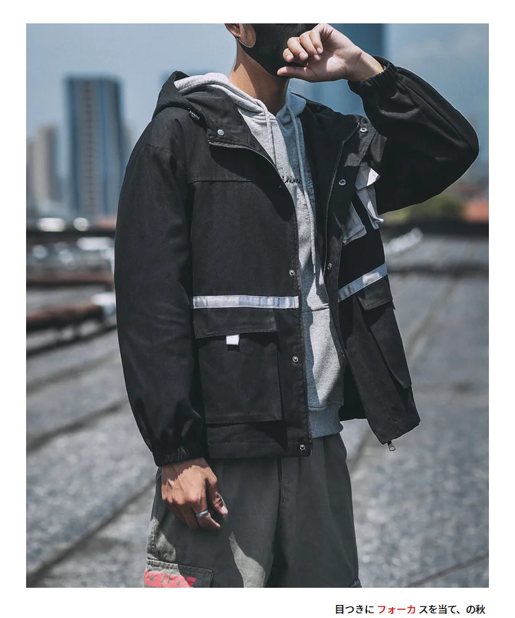 BQODQO армейское осеннее японское пальто в стиле милитари черная модная мешковатая Повседневная куртка для мужчин 3M светоотражающая хлопковая уличная куртка мужские куртки