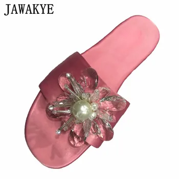 

JAWAKYE Rhinestone Flower Slippers Woman Pink Satin Open Toe Flat Beach Shoes Sweet Pearl Fairy Party Dress Shoes for Girls