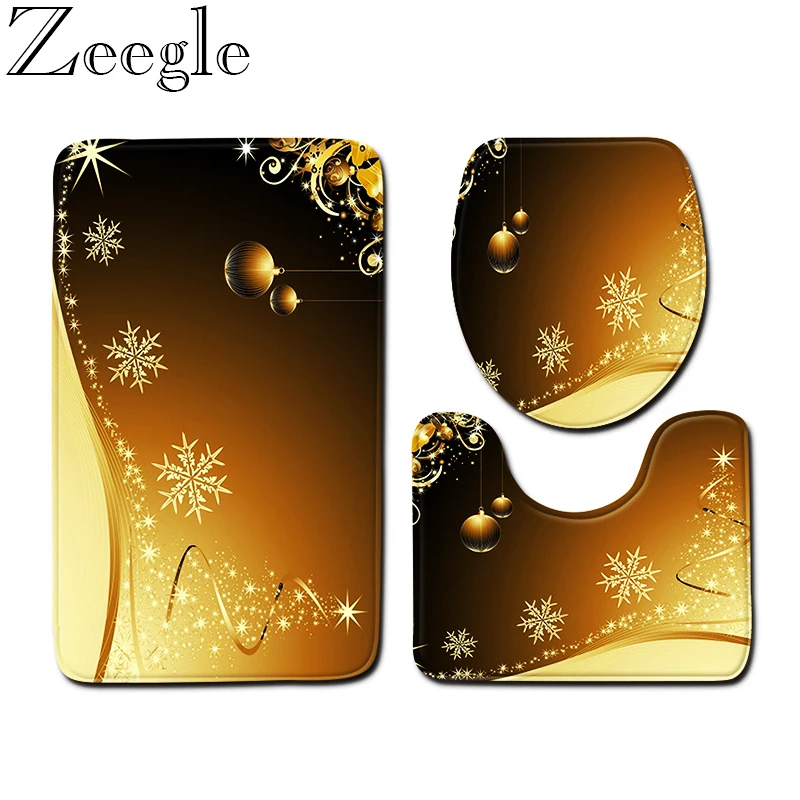 3pcs Christmas Bathroom Mat Non-Slip Bathroom Pedestal Rug Lid Toilet Cover Bath Mat Set Bathroom Rug Toilet Foot Pad Bath Mat