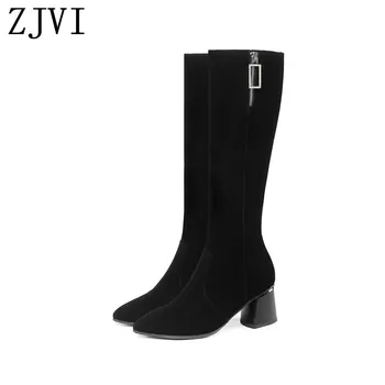

Ladies 5.5cm square heels winter knee high boots woman suede genuine leather 2019 women black nubuck shoes thigh high for girls