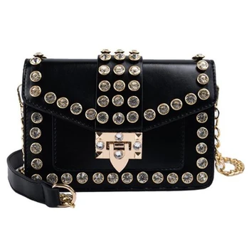 

Rivet Flip Cover Summer New Pu Handbag Ladies Diamond Chain Shoulder Messenger Bag Black
