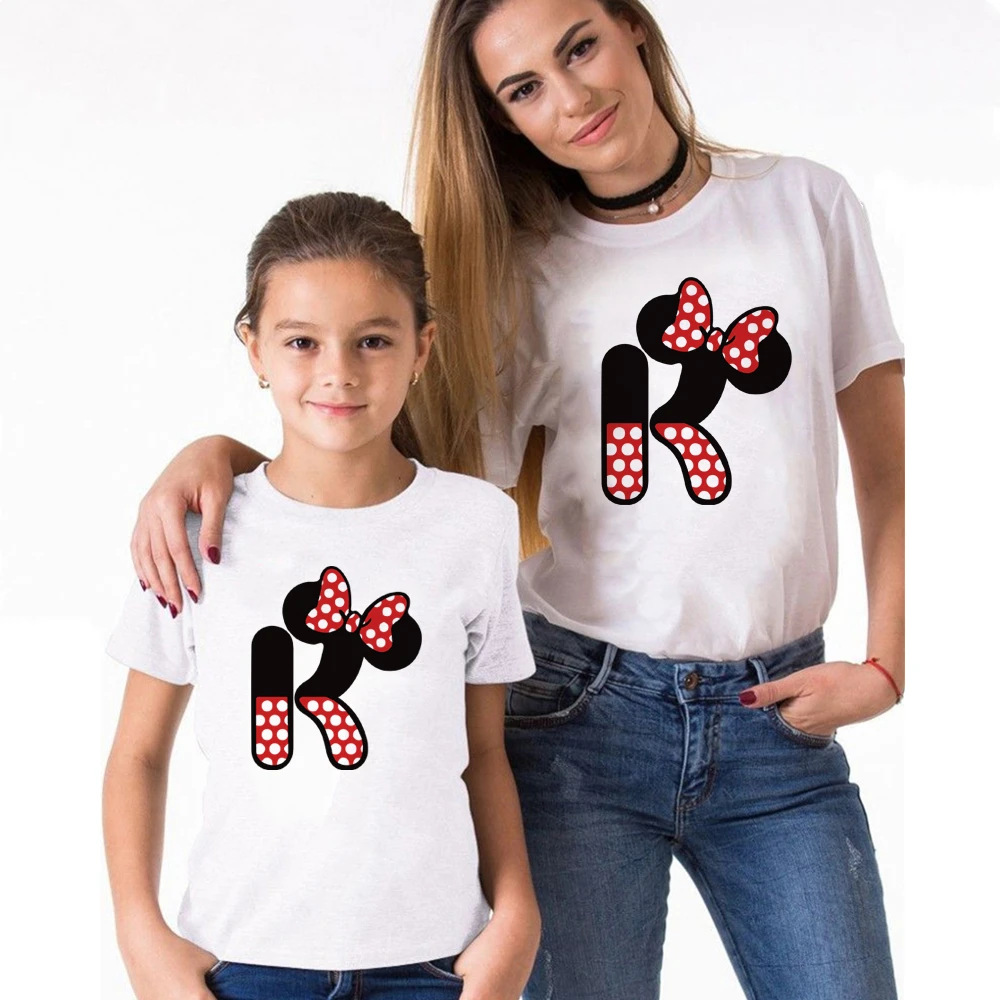 Matching Family Clothes Summer White O-neck Kids Children T Shirt Minnie Mouse ABC Alphabet Printed Daddy Mommy And Tee Top | Мать и
