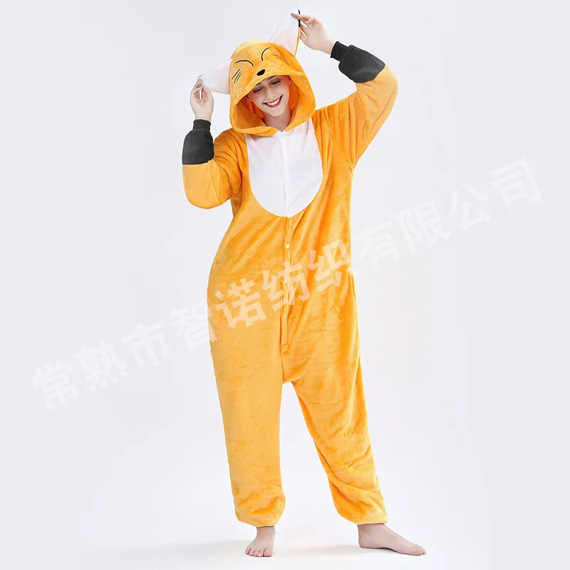 

Cartoon Animal One-piece Pajama Cute Fox Flannel Men And Women Couples Home Performance Wear