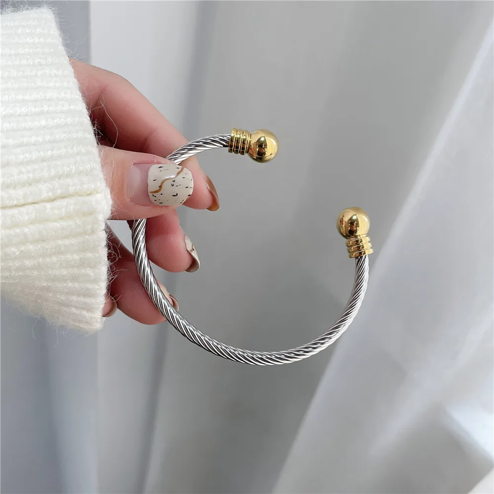 Bangle Bracelet Stainless Steel Bracelet Titanium Steel Charm Ball Open Cuff Bangle Women Bracelet Stainless Steel Gold Color Wire Rope Women Bangle Fashion Jewelry
