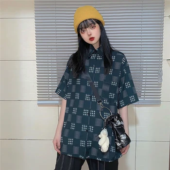 

Lychee Girls Womens Vintage Plaid Printed Shirt Short Sleeve Turn Down Collar Street Shirt Loose Casual Summer Blouse Tops