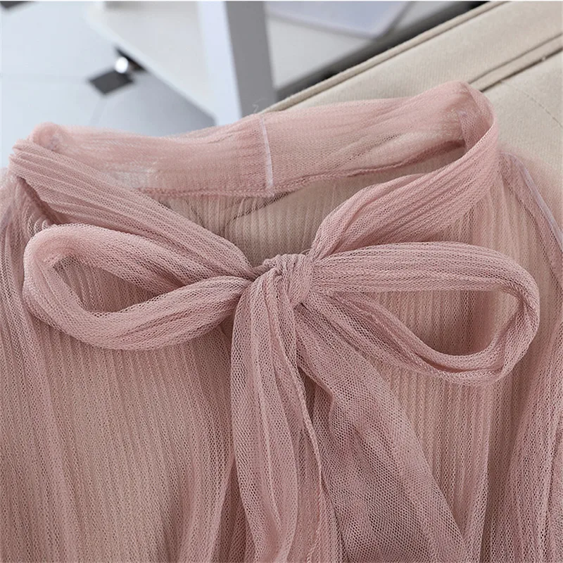 2020 New Spring Summer Women Mesh Blouse Solid Casual Tie Bow Lace Shirts Female Long Sleeve Blouses Bottoming Shirt Tops AB1825 6