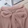 2020 New Spring Summer Women Mesh Blouse Solid Casual Tie Bow Lace Shirts Female Long Sleeve Blouses Bottoming Shirt Tops AB1825 6