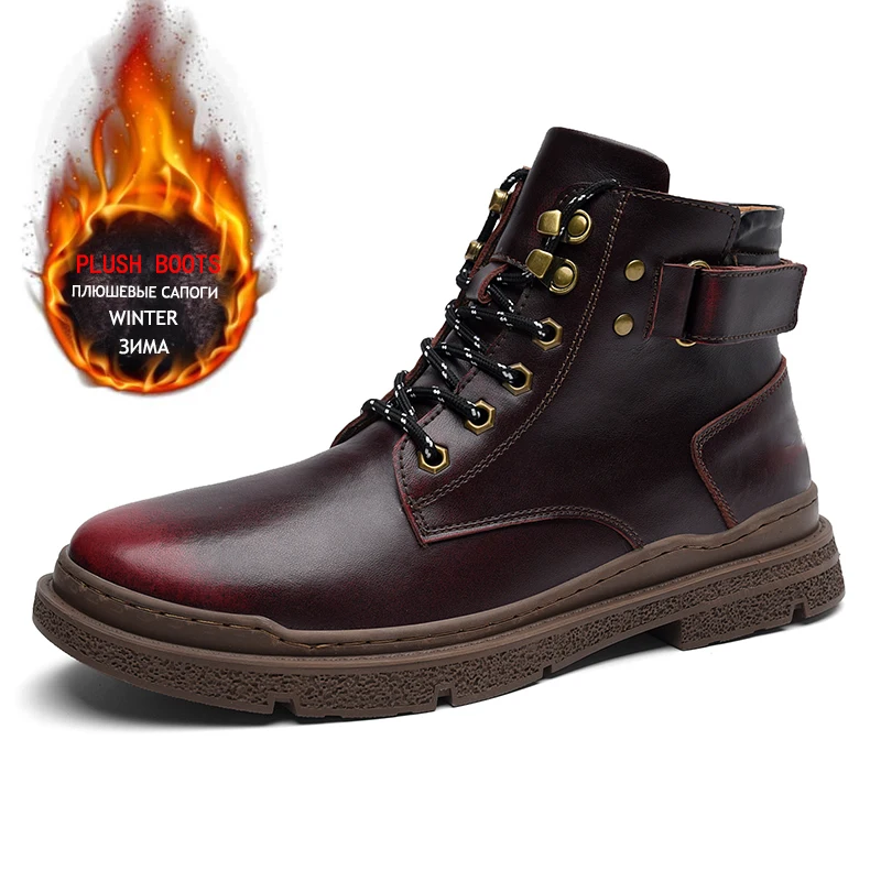 Winter Mens Boots Real Leather Motorcycle Boots Work Boots Waterproof Men Warm Fur Snow Boots Designer Luxury Outdoor Brand