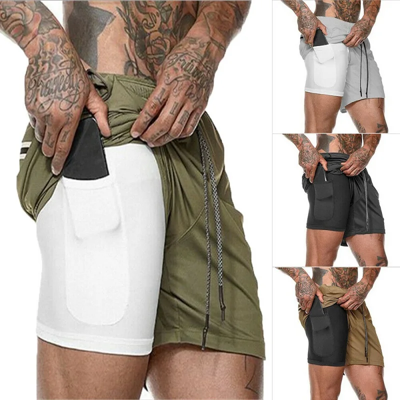 

Hot Sale Mens 2 in 1 Running Shorts Quick Dry Sports Shorts Fitness Sweatpants Soccer Bottoms Gym Jogging Shorts Men double-deck