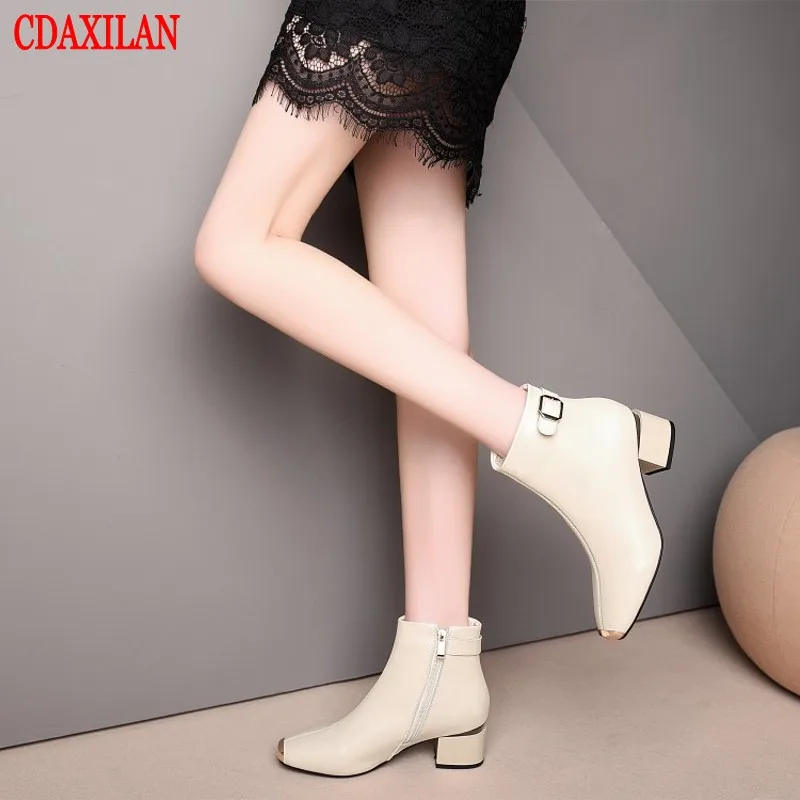 

CDAXILAN new to women's ankle boots soft genuine cow leather fabics square toe side-zipper Mid-heels motorcycle boots ladies