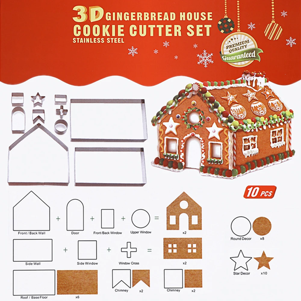 

New Christmas Gingerbread House 10 Piece Set Baking Tools Stainless Steel Cut Candy Cookies Mold Cooking Tools Christmas Theme