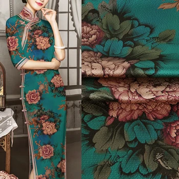 

2019 new Painting nostalgic Peony green rhyme silk satin fabric