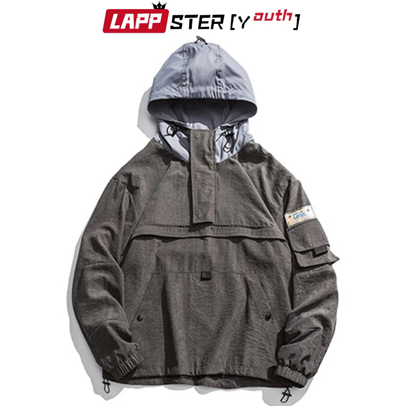 

LAPPSTER Men Patchwork Streetwear Hip Hop Jackets Coats 2019 Fall Harajuku Fashion Hooded Jacket Windbreaker Male Vintage Coats