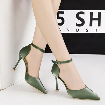 

talon femme green high heels sexy sandals woman office career women shoes stiletto silk zapatos de mujer pointed toe NO.55 Shoes