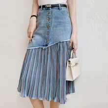 

Skirt Length Skirt Button A-Line Ladies Fashion High Waist Ol Commuter Skirt Patchwork Button 2021 New Style Denim Trumpet Long