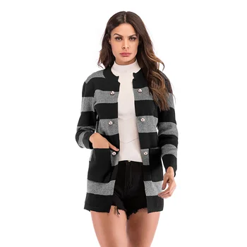 

2019 Winter Autumn Women Knitted Cardigans Full Sleeve O-neck Double Breasted Thick Long Striped Sweaters With Pockets