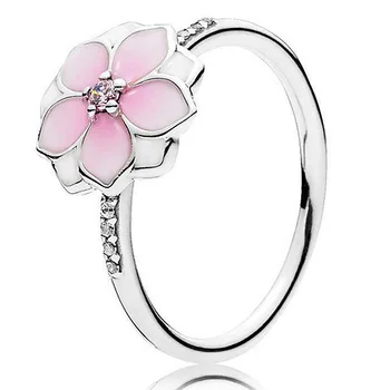 

Authentic 925 Sterling Silver Ring Magnolia Bloom Rings With Pink Enamel For Women Wedding Party Gift Fine Europe Jewelry