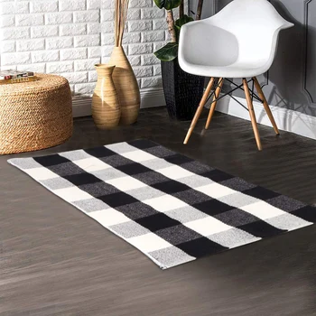 

Black and White Rug Cotton Plaid Rugs Woven Nordic Mat Washable Carpet Area For Kitchen Floor Doormat Home Living Room Outdoor