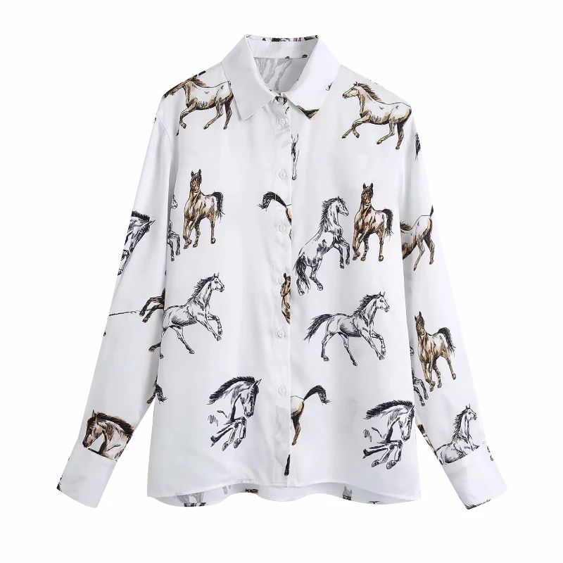Satin Shirt Blouse Casual Long-Sleeve Horse-Print Loose Tops Turndown-Collar Blusas Female