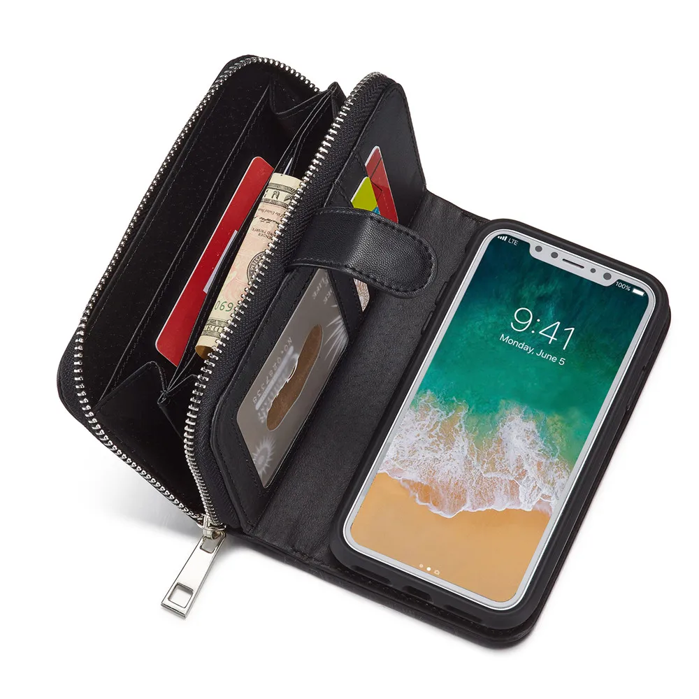 

Luxury PU Wallet Case for Samsung S7 S6 S5 S4 Note5 Note4 Zipper Purses Phone Case Detachable Back Cover for iPhone X XS 5 5S SE