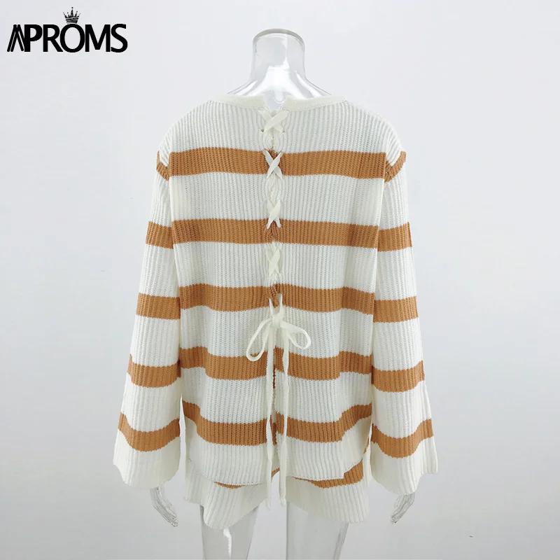 Aproms, винтажный полосатый комплект из двух предметов, для женщин, Осень-зима, на шнуровке сзади, пуловер, свитера и шорты, Женский вязаный свитер, комплект