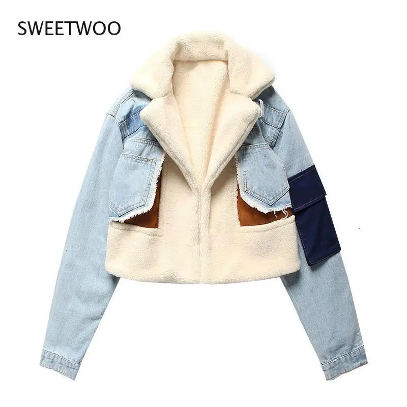 2021 Winter Sheep Fur Turn-Down Collar Full Sleeves Denim Blue Patchwork Spliced Clothes Letters Printed Coat Trench