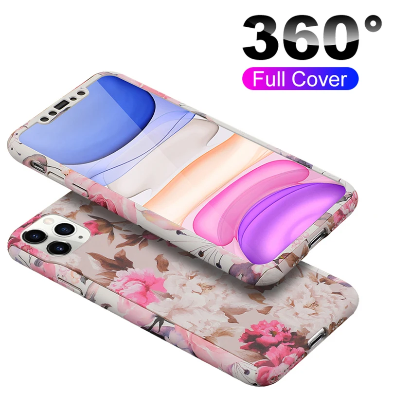 Чехол с цветами на 360 ° для Iphone 11 Pro Xs Max Xr X жесткий матовый чехол из поликарбоната 7