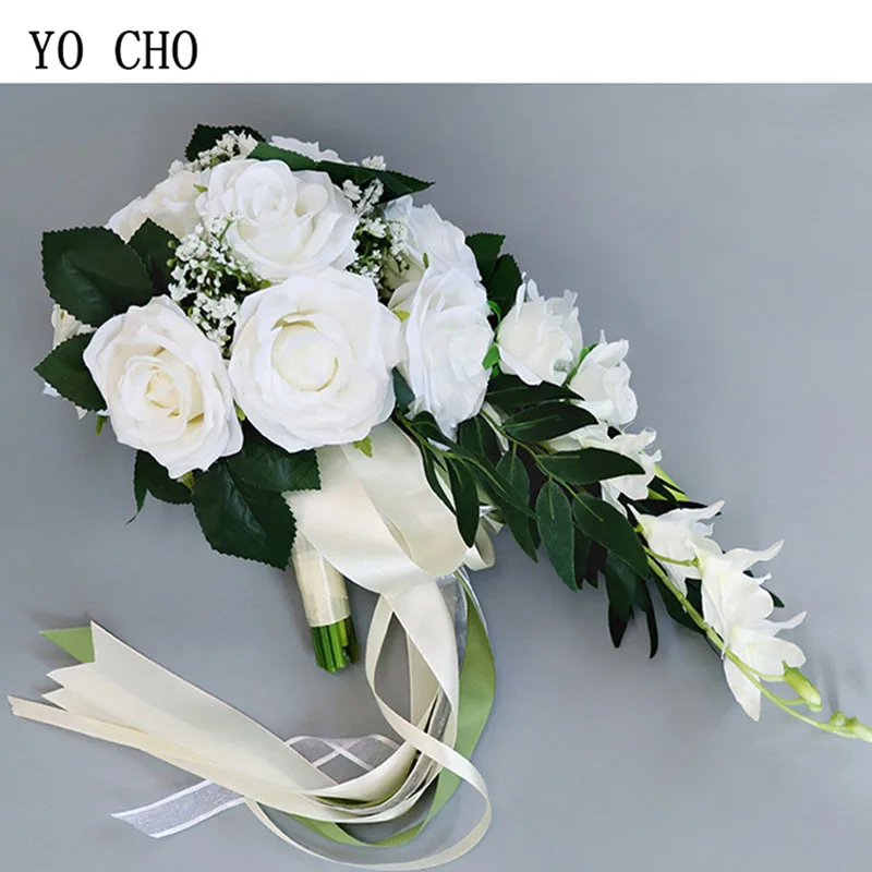 YO CHO Silk Rose Wedding Bride Bouquet Hand Hold Flower Decoration Holiday Party Supply European Waterfall Roses
