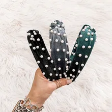 Dvacaman ободок для волос с искусственным жемчугом для женщин INS бархатная повязка на голову с завязками для волос Свадебные вечерние аксессуары для волос на Рождество