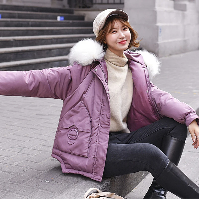 

2019 Winter Jacket Women Thick Warm Hooded Parka Mujer Cotton Padded Coat Big fur collar Short Down Jacket Female Casual Outwear