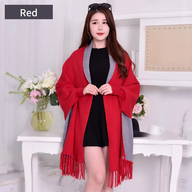 Women Winter Poncho with Sleeve Shawls and Wraps Pashmina Red Thicken Scarf Stoles Femme Hiver Warm Reversible Ponchos and Capes - Цвет: Red Grey