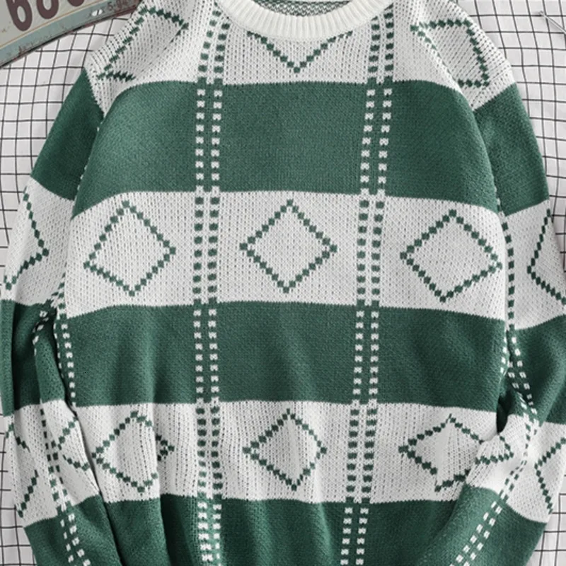 Winter Sweater Men's Warm Fashion Contrast Color Casual Knit Sweaters Man Sweter Clothes Wild Loose Long-sleeved Pullover Men